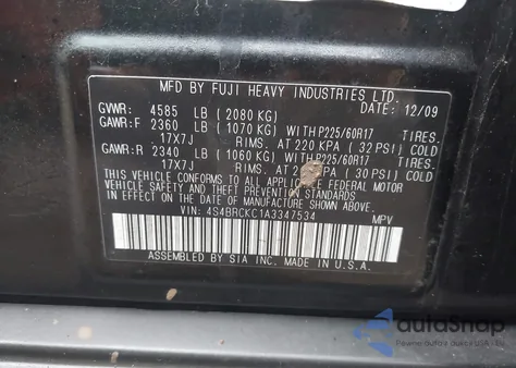 2010 Subaru Outback 2.5I Limited from USA, damaged, VIN 4S4BRCKC1A3347534